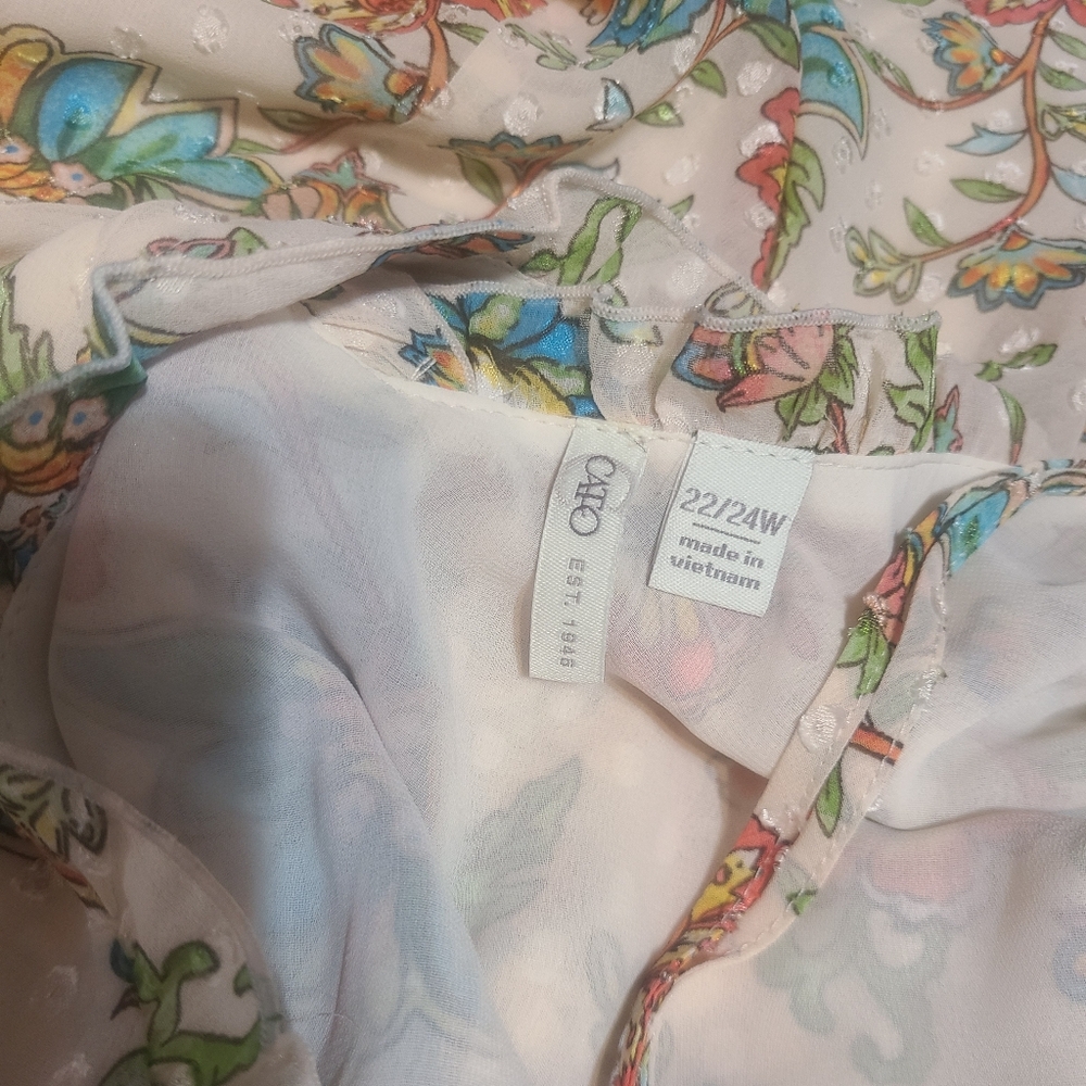 Cream Peach Orange Blue Floral Sleeveless Top V-neck Tie Back 22/24W 3X Ruffles - Picture 3 of 5
